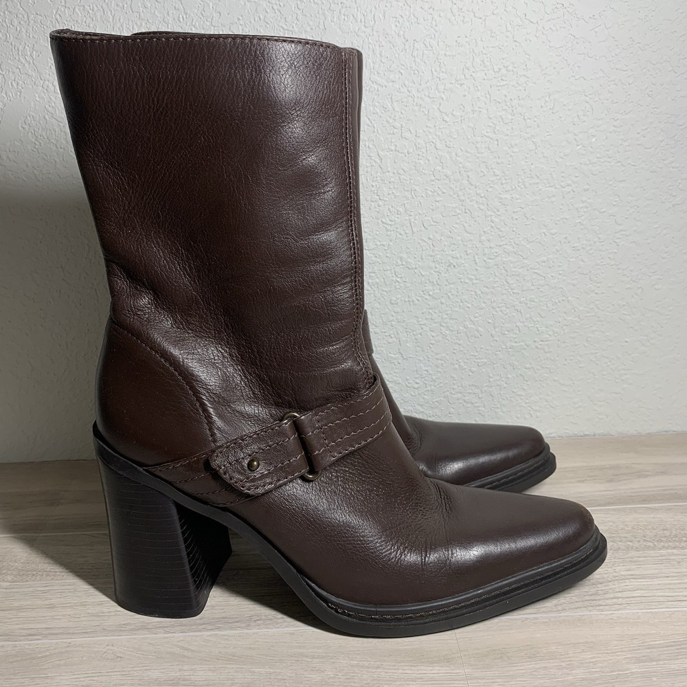 Mia Brown Leather Vintage Block Heel Boots Women's Size 10M 90s